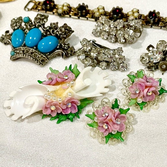 Vintage Rhinestone Crystal Necklace Bracelet Clip On Earrings Brooch Locket - Picture 9 of 13